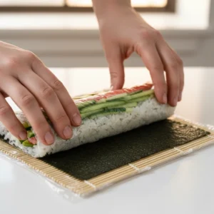 Hands using a bamboo mat to roll an inside-out sushi roll with the rice on the outside, a key technique in this homemade sushi recipe.