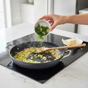 A hand adding a small bowl of fresh chopped herbs, including sage and parsley, into a skillet of softened, sautéed celery and onion for a homemade stuffing recipe.