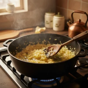 A wooden spoon stirring chopped onions in melted butter in a large pot on a gas stove, creating the aromatic base for a homemade pumpkin soup