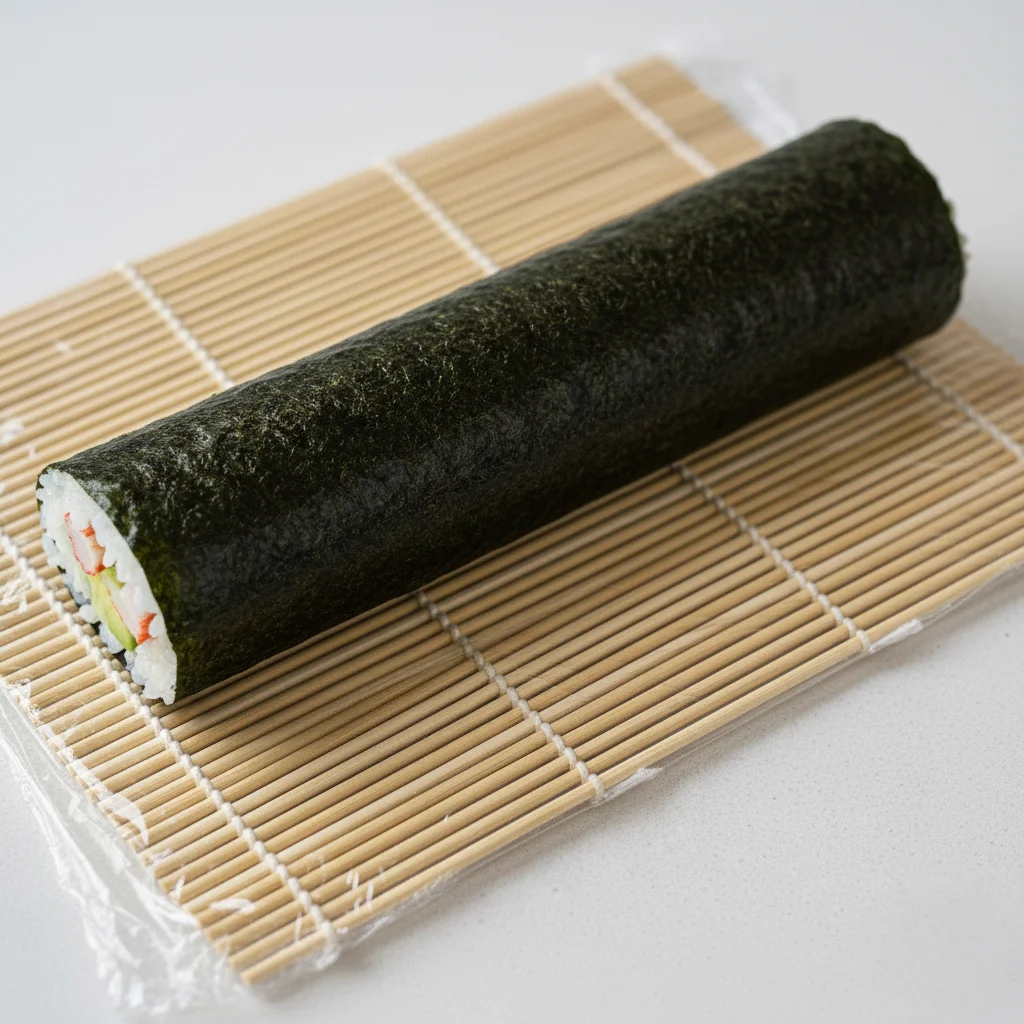 A perfectly rolled and sealed traditional maki roll, with the nori on the outside, resting on a bamboo mat as part of a homemade sushi recipe.
