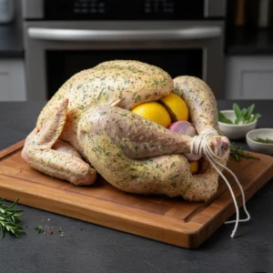 A whole raw turkey on a wooden cutting board, fully prepped for the oven: the skin is coated in herb butter, the cavity is filled with lemon and onion, and the legs are trussed with twine.