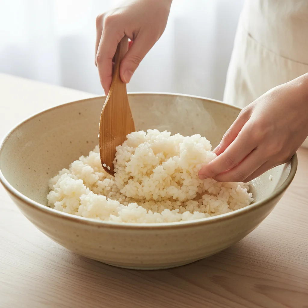 Hands using a wooden rice paddle to gently fold and season hot, steaming rice in a large bowl, demonstrating how to make sushi rice.