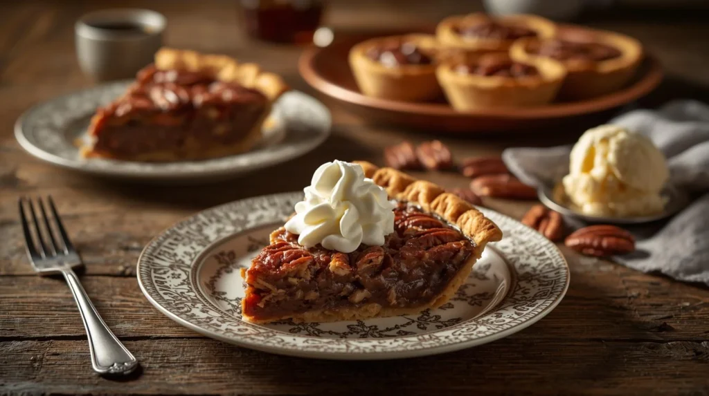 A slice of homemade pecan pie topped with whipped cream on a vintage plate, with a scoop of vanilla ice cream and a platter of mini pecan pies visible in the background.