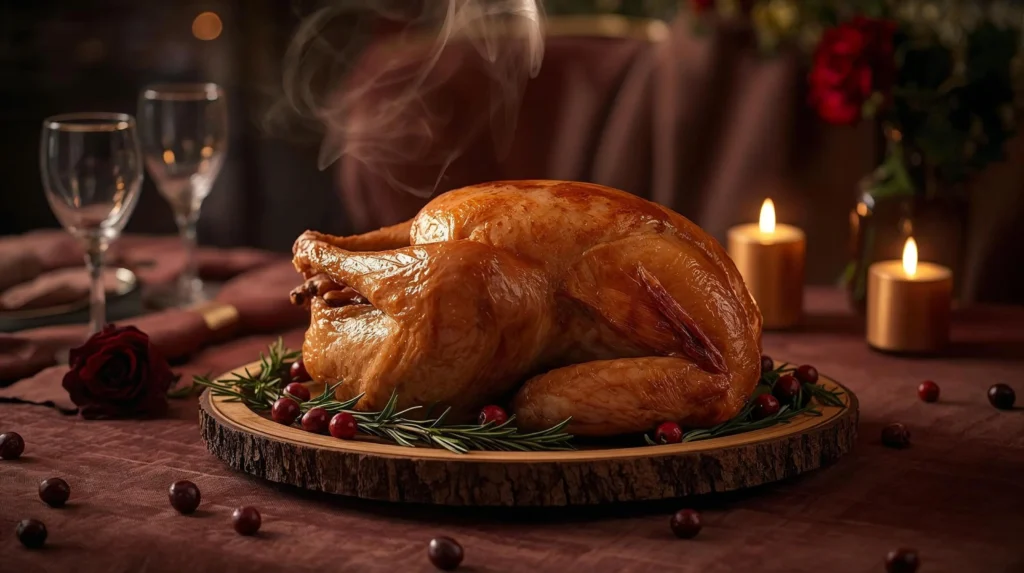 A stunning, golden-brown roast turkey, steaming hot, presented on a rustic wooden platter garnished with fresh rosemary and cranberries for a Thanksgiving roast turkey recipe dinner.