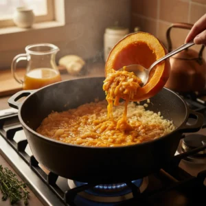 Adding the flesh of a roasted pumpkin to a pot of sautéed onions, a key step in creating a flavorful and creamy roasted pumpkin soup.