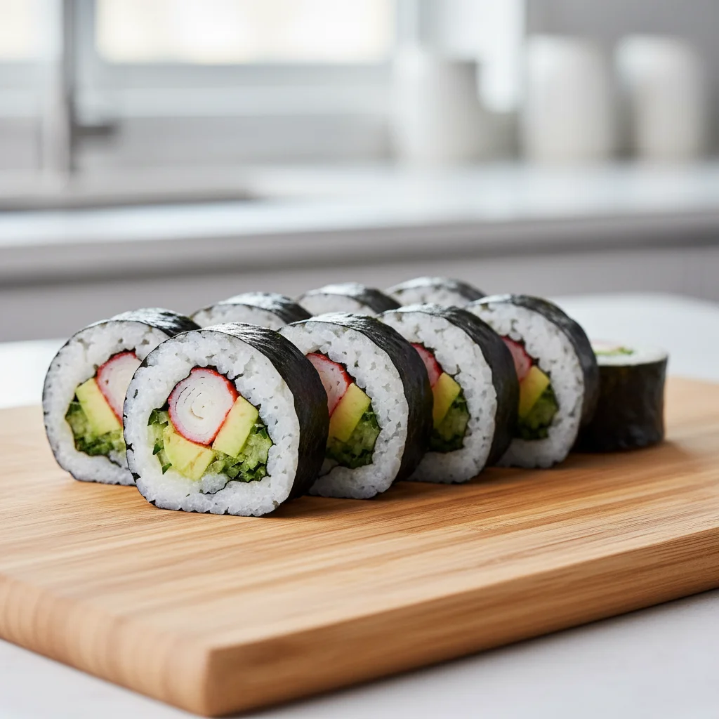 A perfectly sliced California roll arranged in a neat line on a bamboo cutting board, showing the final result of a homemade sushi recipe.