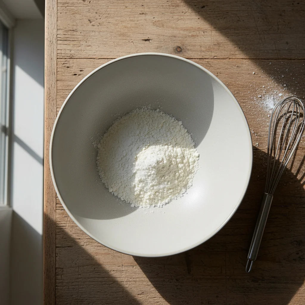 A top-down view of flour and salt in a large bowl with a whisk, the first step for making a buttery chicken pie crust from scratch.