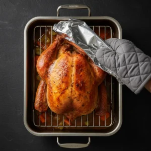 A hand in an oven mitt placing a small "tent" of aluminum foil over the breast of a perfectly golden-brown roast turkey in its pan to prevent over-browning.