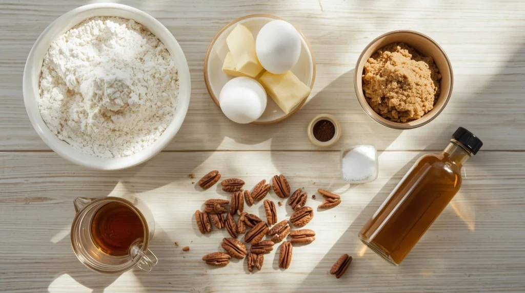 A top-down flat lay of ingredients for a pecan pie recipe: a bowl of flour, butter, eggs, brown sugar, a bottle of syrup, and raw pecans arranged on a light wooden table.