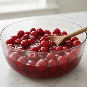 A large glass bowl filled with a vibrant and juicy cherry filling made with fresh or sour cherries, ready for a homemade cherry pie.