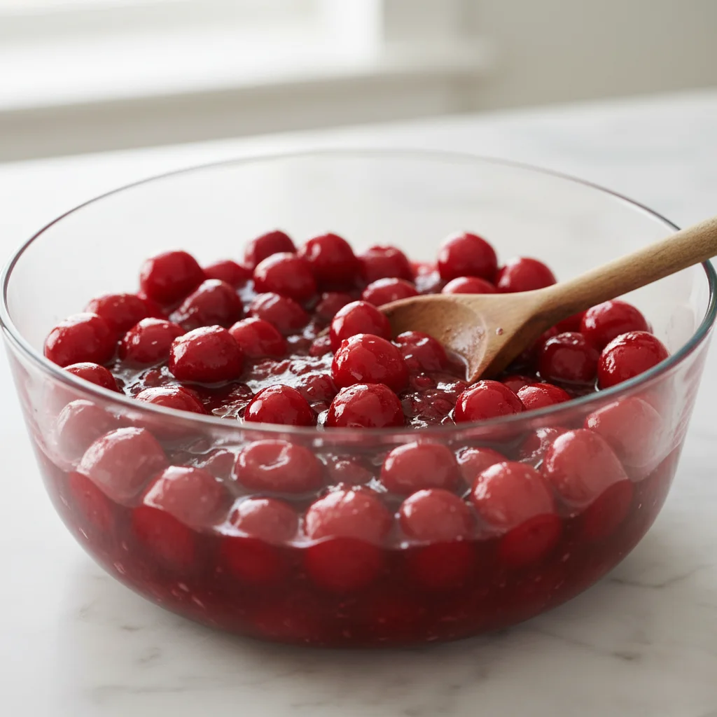 A large glass bowl filled with a vibrant and juicy cherry filling made with fresh or sour cherries, ready for a homemade cherry pie.