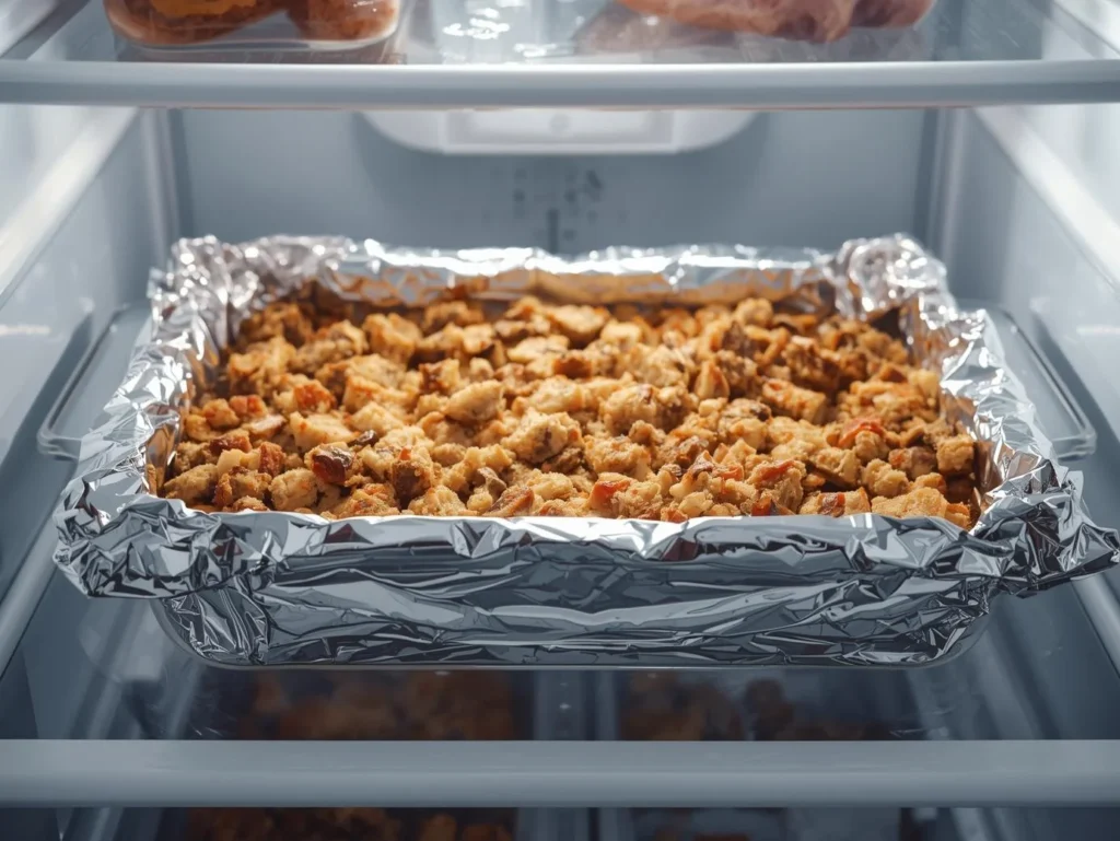 A 9x13 baking dish of an unbaked make ahead stuffing recipe, covered tightly with aluminum foil and placed on a refrigerator shelf.
