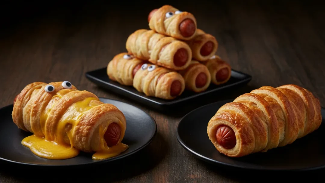 Three plates on a dark wooden table showing variations of the mummy dogs recipe, including a cheesy mummy hot dog with melted cheese and candy eyes in the foreground.