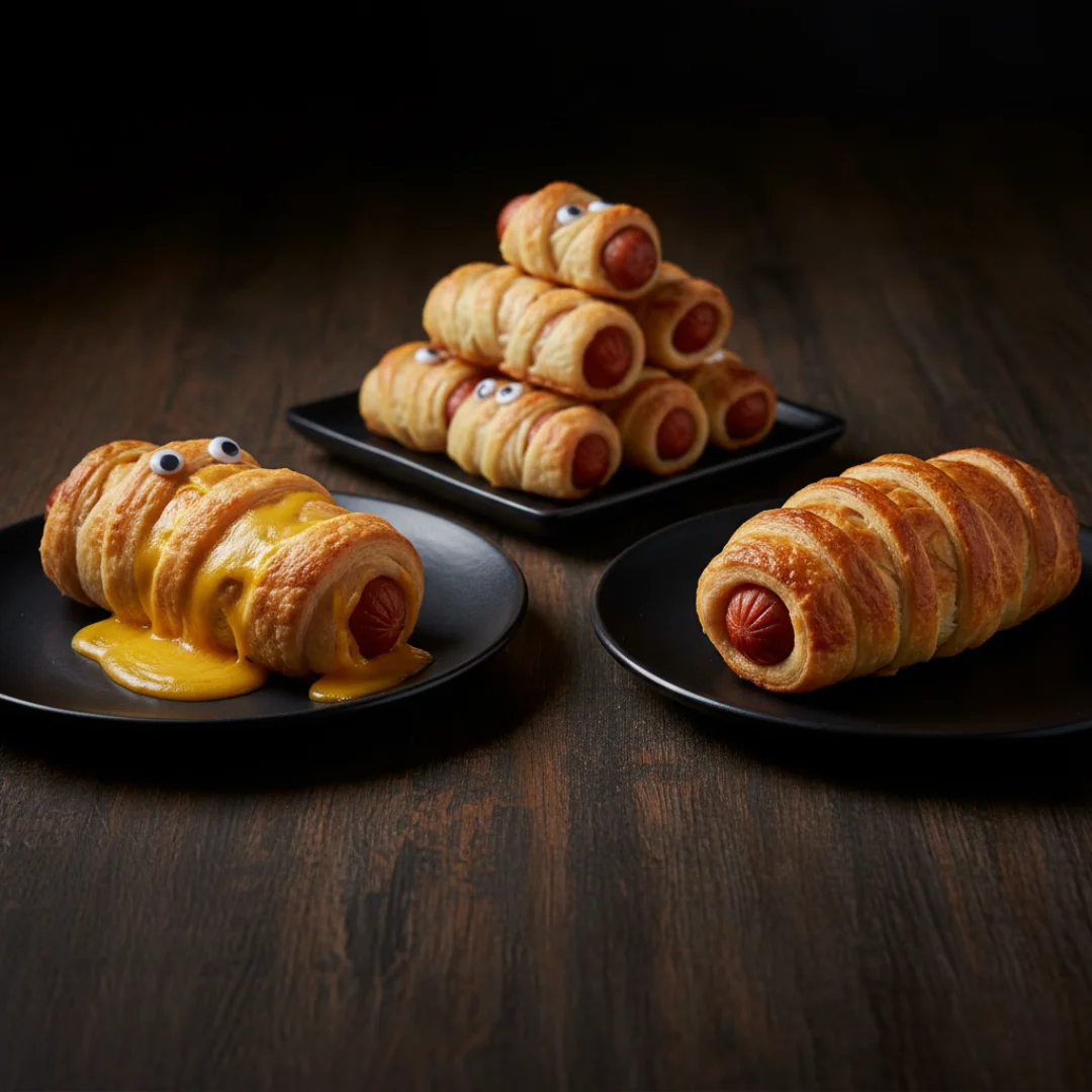 Three plates on a dark wooden table showing variations of the mummy dogs recipe, including a cheesy mummy hot dog with melted cheese and candy eyes in the foreground.