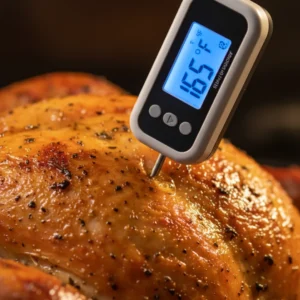 digital instant-read thermometer inserted into the thickest part of a golden, juicy roast turkey breast, showing a final safe temperature of 165 degrees F (74 degrees C).