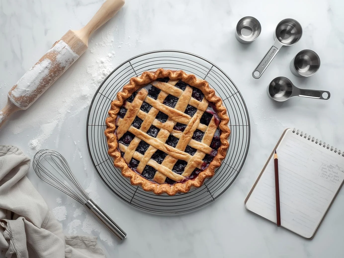 A top-down view of a perfectly baked blueberry pie on a cooling rack, surrounded by baking tools and a recipe notebook, representing a Pie FAQ section with baking tips.