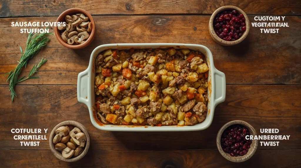 A top-down flat lay of a baked homemade stuffing, surrounded by small bowls of mushrooms and cranberries, showing popular variations to the classic stuffing recipe.