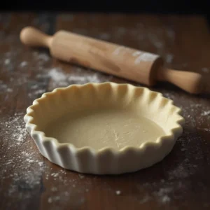A raw, crimped pie crust fitted into a white ceramic pie dish, ready for baking, with a wooden rolling pin in the background on a floured wooden surface.