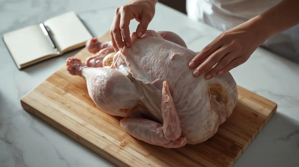 Hands gently loosening the skin on a raw turkey breast, demonstrating a key step in this juicy roast turkey recipe that is often asked about in FAQs.