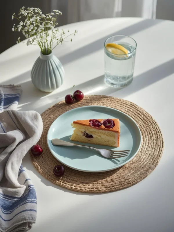 A bright and inviting scene with a slice of homemade cherry cake and a refreshing glass of water, representing the simple and fresh food philosophy of the Viral Food Hacks blog.