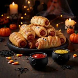 A festive Halloween spread featuring a black platter piled high with golden-baked mummy dogs, some with candy eyes, served alongside small black cauldron bowls of ketchup and mustard for dipping, set on a dark wooden table with lit candles, mini pumpkins, and spider decorations, highlighting the Mummy Dogs Recipe.