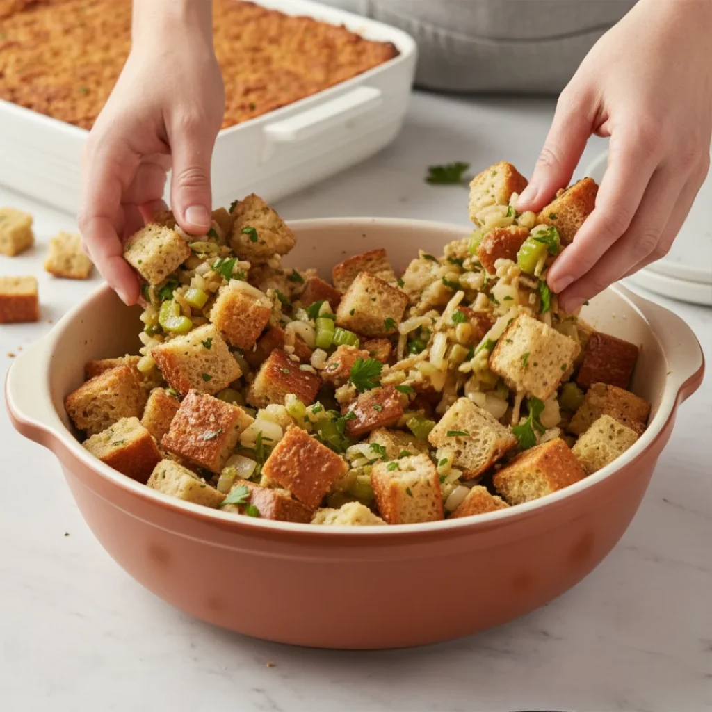 Hands gently tossing and mixing a homemade stuffing recipe in a large bowl, combining toasted bread cubes with sautéed celery, onions, and fresh herbs.