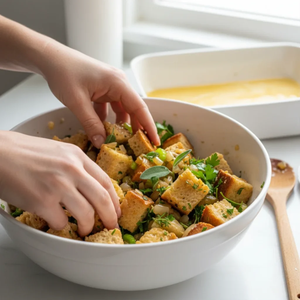 Hands gently mixing a homemade stuffing recipe in a large white bowl, combining toasted bread cubes with fresh herbs like sage, celery, and onions.