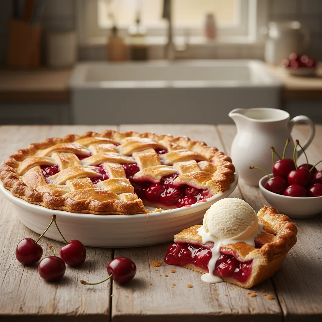 A freshly baked homemade Cherry Pie Recipe with a golden lattice crust, with a slice served on the side topped with a melting scoop of vanilla ice cream.