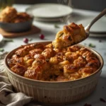 A serving spoon lifting a hot, steaming scoop from a rustic baking dish filled with a golden-brown, homemade classic stuffing recipe, showing the crispy top and moist interior.
