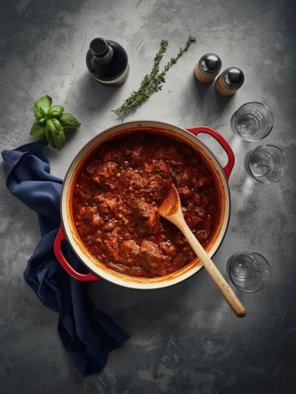 A top-down view of a large red cast iron pot filled with a rich, thick, and hearty Bolognese sauce, with a wooden spoon resting inside.