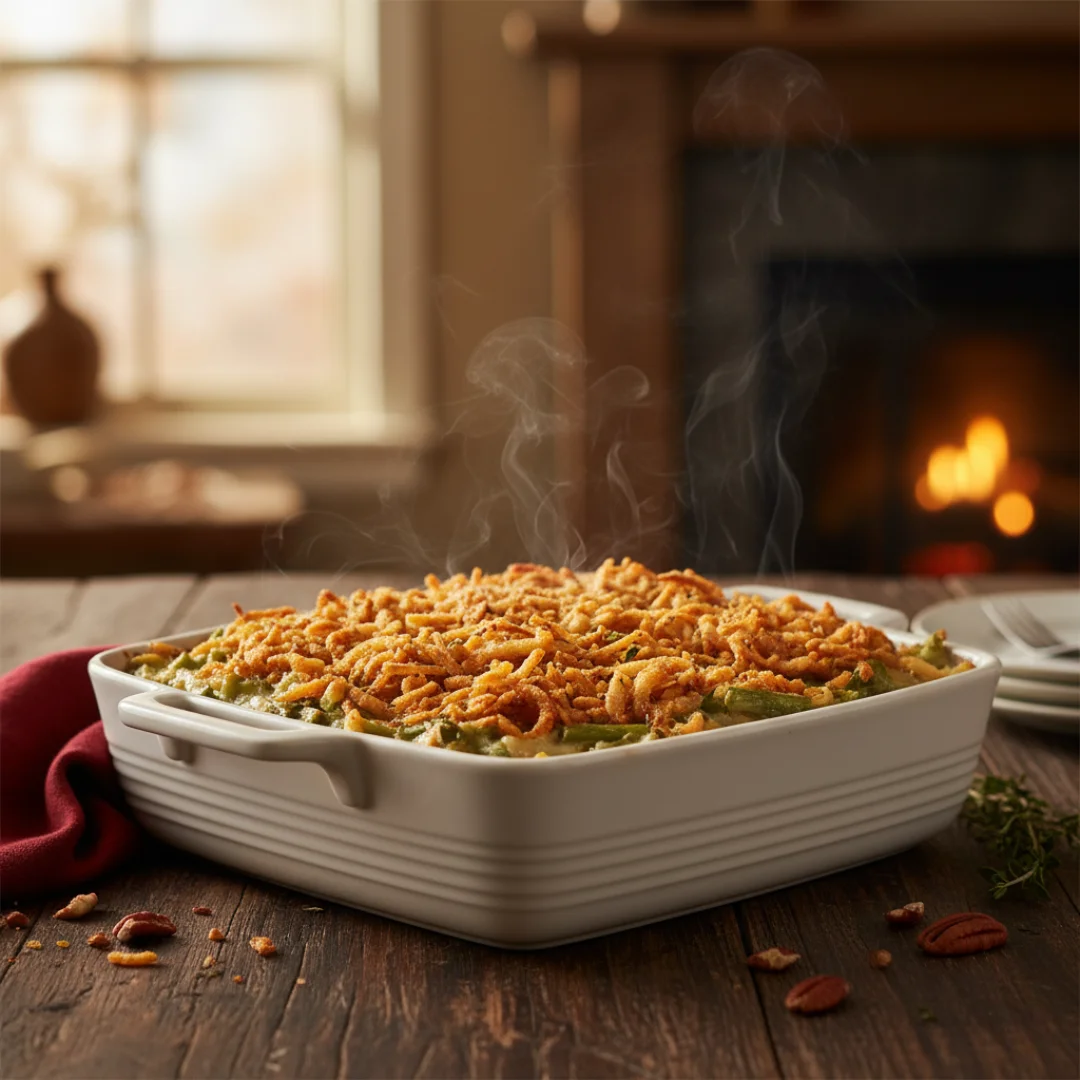 A steaming hot, homemade green bean casserole recipe in a white baking dish, topped with crispy fried onions and sitting on a rustic wooden table in front of a cozy fireplace.
