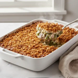 A serving spoon lifting a large, creamy scoop of green bean casserole with a perfectly golden and crispy fried onion topping from a white baking dish.