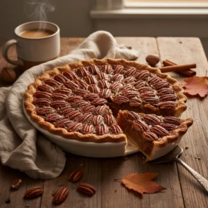 A beautiful, finished homemade Pecan Pie Recipe in a white dish on a rustic wooden table, with one slice cut out and a steaming mug of coffee in the background.
