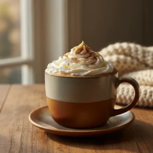 A cozy ceramic mug of homemade pumpkin spice latte, finished with a generous swirl of whipped cream and a sprinkle of pumpkin pie spice on a wooden table.