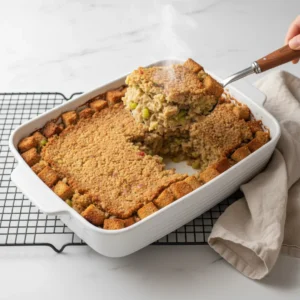 A hand using a large spoon to lift a steaming hot scoop of classic stuffing recipe from a white baking dish, showing the crispy top and moist interior.
