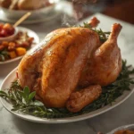 A steaming, golden-brown, and juicy whole bird, the result of the perfect Thanksgiving Juicy Roast Turkey Recipe, sitting on a white platter garnished with fresh herbs.