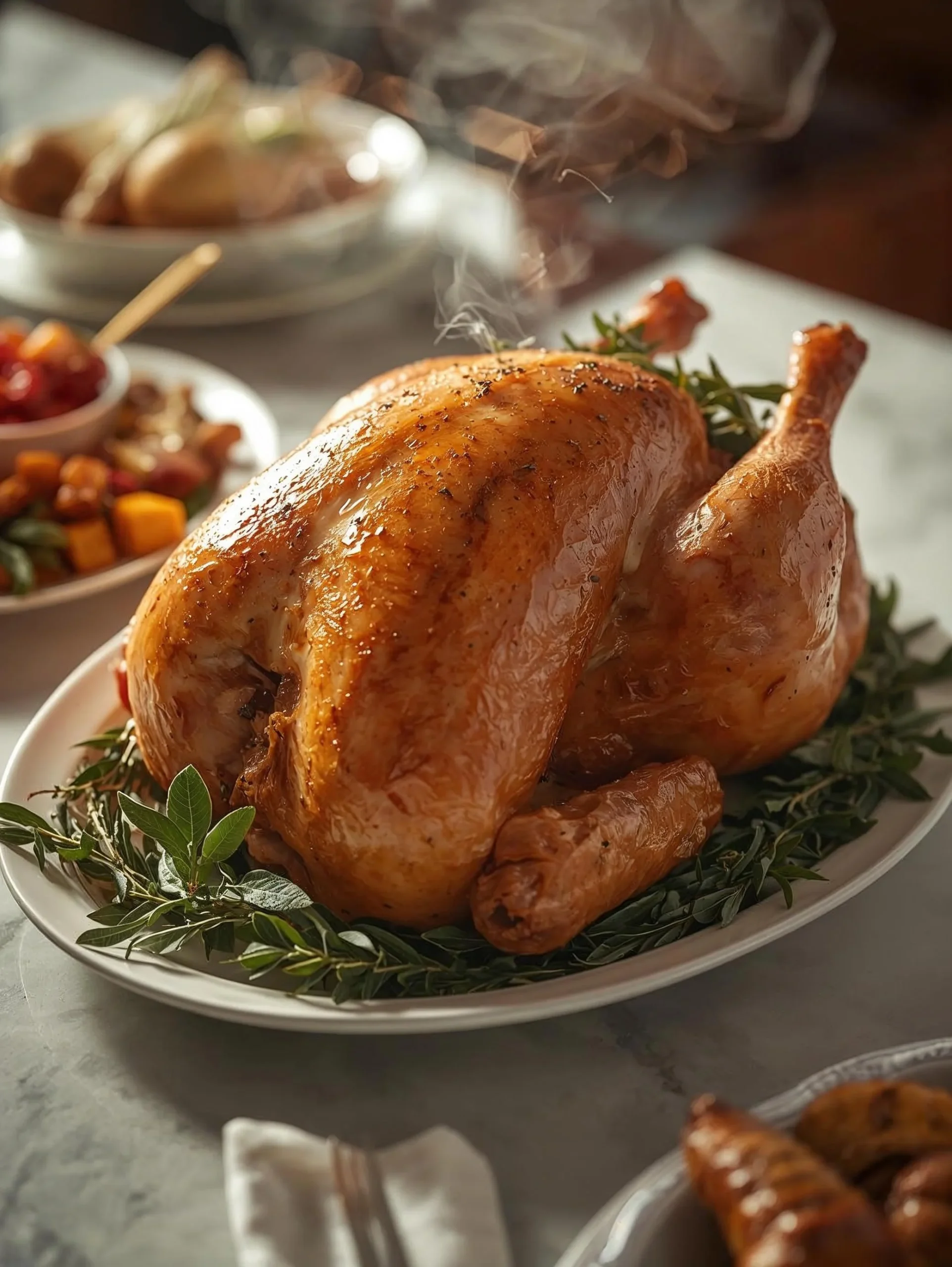 A steaming, golden-brown, and juicy whole bird, the result of the perfect Thanksgiving Juicy Roast Turkey Recipe, sitting on a white platter garnished with fresh herbs.