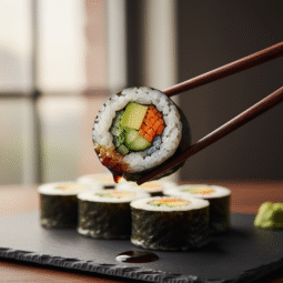 A pair of chopsticks holding a single piece of freshly made veggie roll sushi, with soy sauce dripping, against a blurred background of more rolls on a slate board. This is a magazine-quality shot.