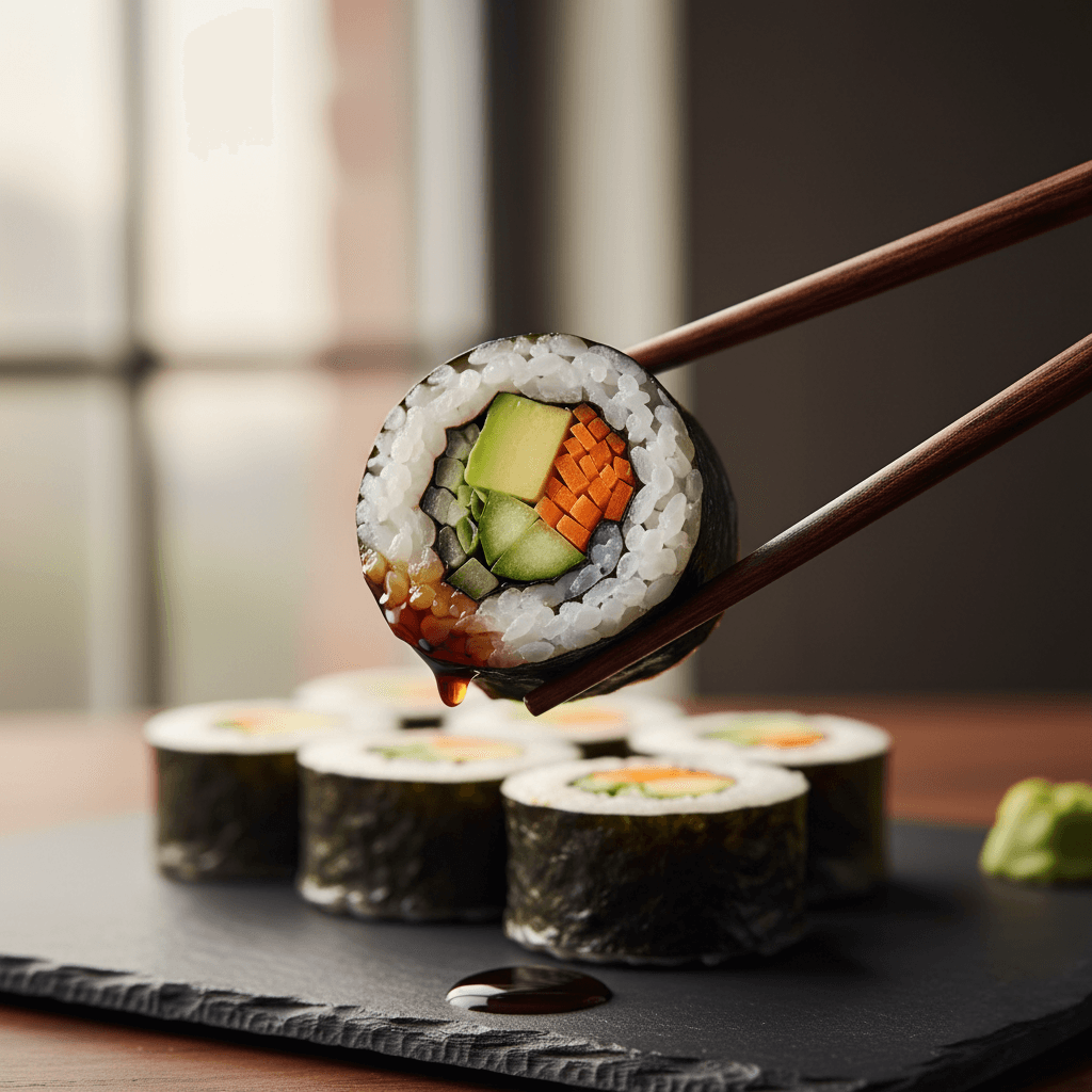 A pair of chopsticks holding a single piece of freshly made veggie roll sushi, with soy sauce dripping, against a blurred background of more rolls on a slate board. This is a magazine-quality shot.