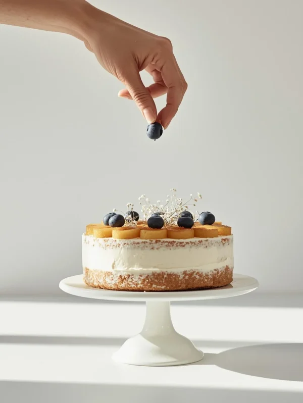 A hand delicately placing the final blueberry on a beautiful cake, representing the care, precision, and love for detail that goes into every recipe at Viral Food Hacks.