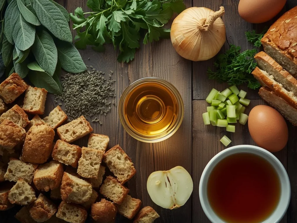 A top-down flat lay of ingredients for a homemade stuffing recipe on a wooden table, including bread cubes, fresh sage, parsley, celery, onions, eggs, broth, and a glass of apple cider.