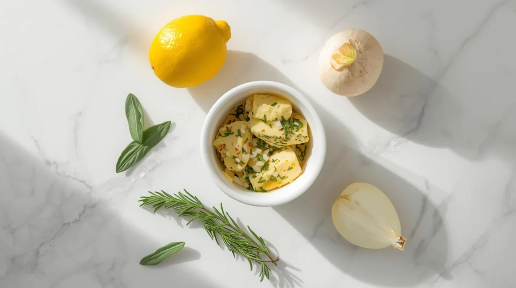 A flat lay of the 'magic' ingredients for a moist roast turkey recipe on a marble surface, showing a bowl of softened garlic herb butter surrounded by fresh rosemary, sage, a whole lemon, garlic, and an onion.