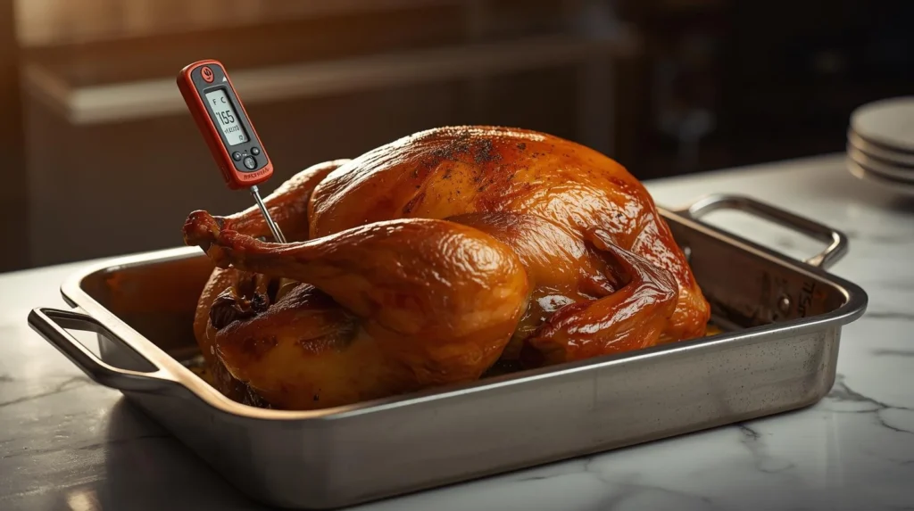 A digital thermometer inserted into the breast of a golden brown roast turkey, reading 155℉ (68℃), demonstrating the pull temperature for the best juicy turkey recipe before carry-over cooking.
