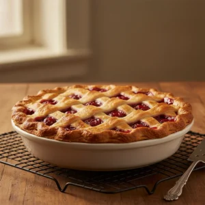 A beautiful, freshly baked classic cherry pie with a golden lattice crust, cooling on a wire rack to allow the cherry filling to set.