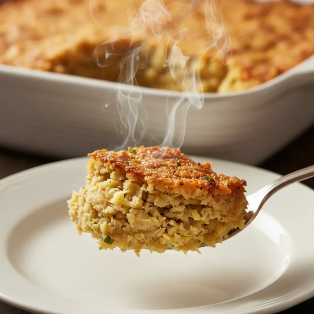 A server lifting a steaming, square slice of a homemade stuffing recipe, showing off the perfectly moist stuffing interior and a crispy, golden-brown top.