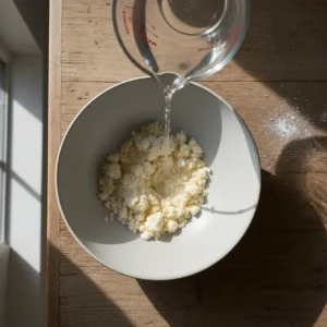 Pouring ice water into a flour and butter mixture to form the dough for a buttery chicken pie crust from scratch.