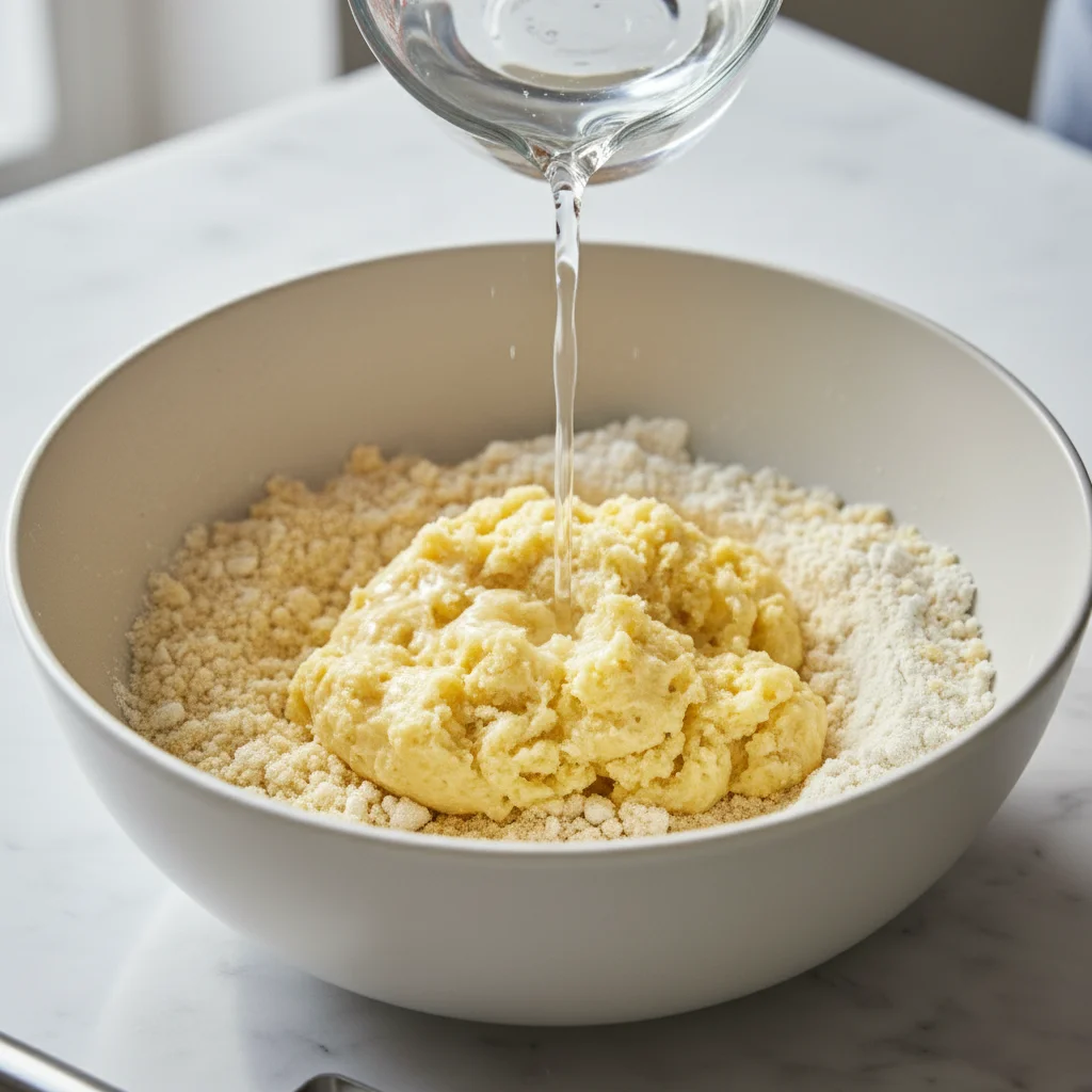 Pouring a stream of ice water into a flour and butter mixture to form a tender dough for a homemade cherry pie recipe
