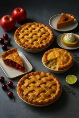 An assortment of different types of pie, from sweet to savory, including apple pie, a slice of cherry pie, a slice of pumpkin pie, and a savory pot pie, illustrating an ultimate guide.