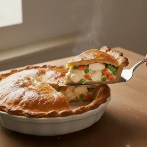 A steaming hot slice of homemade chicken pot pie being lifted from the dish, revealing a creamy filling of chicken, peas, and carrots.