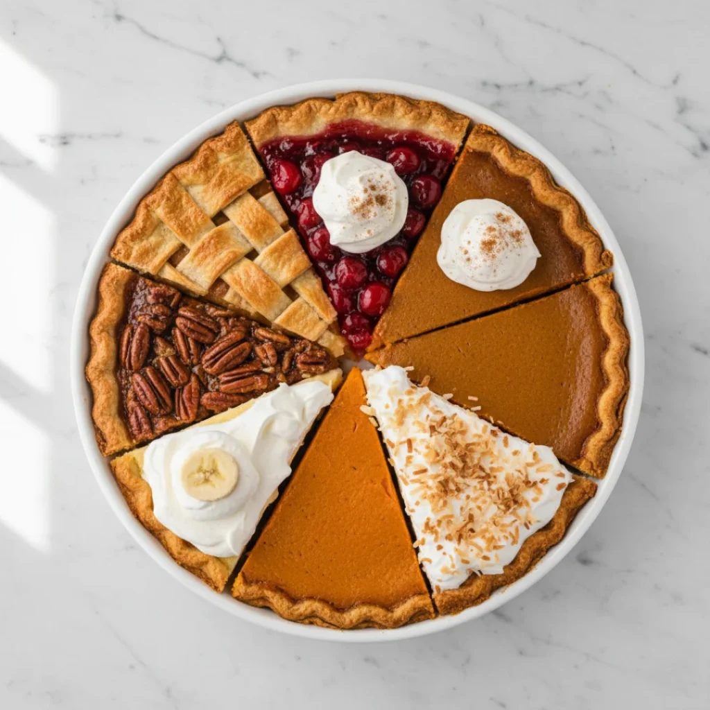 A top-down view of a single white pie dish on a marble surface, filled with six different slices of popular types of pie, including apple lattice, pecan, cherry, pumpkin, banana cream, and coconut cream.